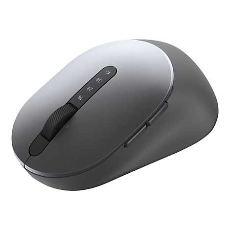 Souris d'ordinateur grise avec molette et boutons, vue de dÃ©tail.