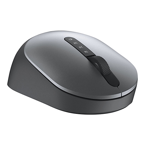 Souris d'ordinateur grise sur fond blanc, avec molette et boutons.