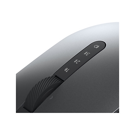 Gros plan d'une souris grise avec une molette de dÃ©filement noire et des boutons de commande.