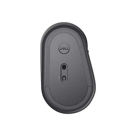 Vue de dessus d'une souris Dell grise. Avec logo Dell et deux boutons.