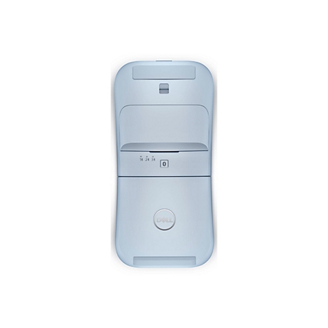 Hellblaues, längliches Gerät mit abgerundeten Ecken. Oben eine Öffnung, darunter eine Anzeige mit Punkten und Bluetooth-Symbol. Unten das Dell-Logo.