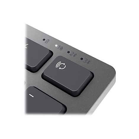 Nahaufnahme einer grauen Tastatur. Fokus auf eine Taste mit einem Symbol fÃ¼r drahtlose Verbindung und Bluetooth-Verbindungsanzeige.