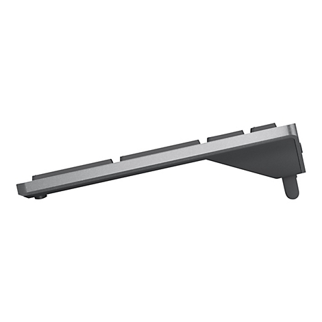 Seitenansicht einer silbernen Tastatur mit schwarzen Tasten. Die Tastatur steht auf einem weißen Hintergrund.