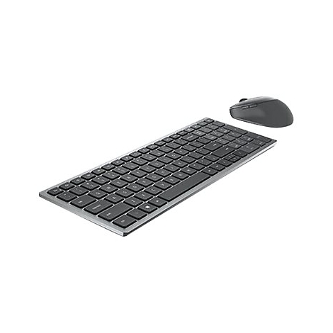 Drahtlose Tastatur und Maus auf weißem Hintergrund. Die Tastatur hat dunkle Tasten und einen silbernen Rahmen. Die Maus ist ebenfalls dunkelgrau.