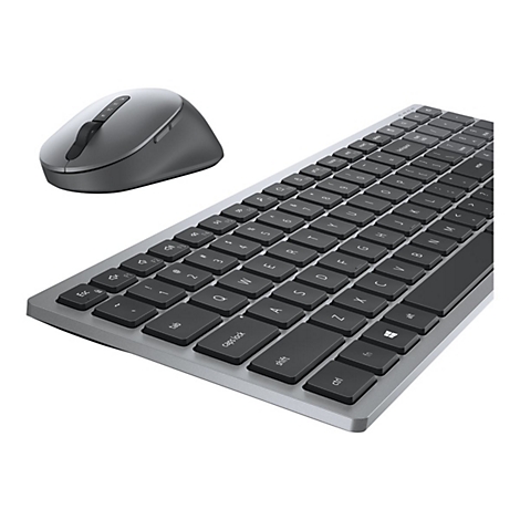 Drahtloses Tastatur- und Maus-Set in Grau, auf weiÃŸem Hintergrund. Die Tastatur hat schwarze Tasten. Der Maus hat ein Rad und Seitentasten.