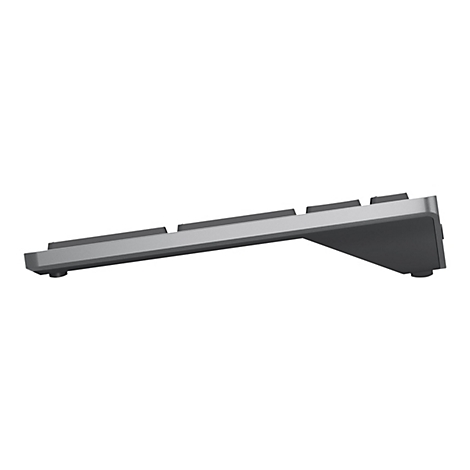 Nahaufnahme einer Computer-Tastatur in Silber und Schwarz. Die Perspektive zeigt die Tastatur von der Seite, mit Fokus auf die obere Kante.