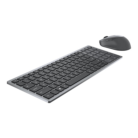 Drahtlose Tastatur und Maus auf weißem Hintergrund. Die Tastatur ist silberfarben mit dunklen Tasten, die Maus ist grau.