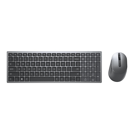 Draufsicht auf eine graue Tastatur und Maus. Die Tastatur hat dunkle Tasten mit weißer Schrift, die Maus hat eine geschwungene Form.