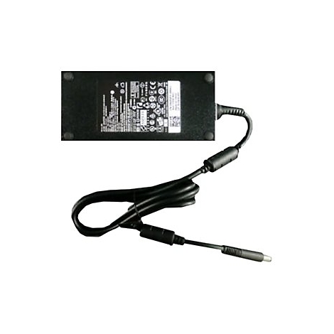 Ein schwarzes Laptop-Netzteil mit Kabel, Stecker und Etikett. Deutliche Details.