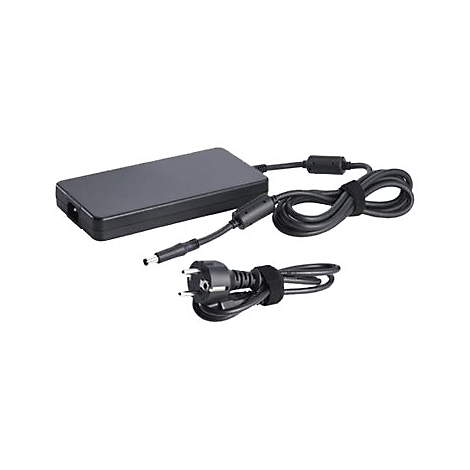 Schwarzes Laptop-Netzteil mit Kabeln, Stecker und Klettverschluss.
