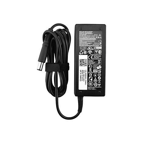 Ein schwarzes Laptop-Netzteil mit Netzkabel. Auf dem Adapter sind Produktinformationen und Logos abgebildet.