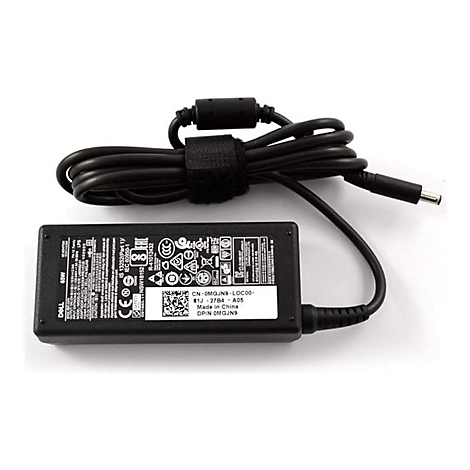 Adaptateur secteur noir Dell avec câble. Des détails techniques et un logo Dell sont visibles sur l'étiquette.