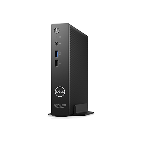 Ein schwarzer Dell OptiPlex 3000 Thin Client Computer aufrecht stehend. Auf der Frontseite befinden sich Anschlüsse, das Dell-Logo und Produktbezeichnung.