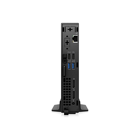 Schwarzer Desktop-PC mit Anschlüssen, seitlich vor weißem Hintergrund. USB, HDMI und Ethernet-Anschlüsse sind zu sehen.