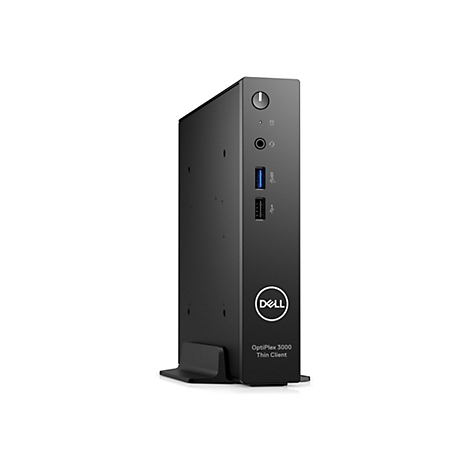Schwarzer Dell OptiPlex 3000 Thin Client Computer aufrecht stehend. Auf der Vorderseite: Ein-Aus-Taste, Audioanschluss, USB-Anschlüsse und Dell-Logo.