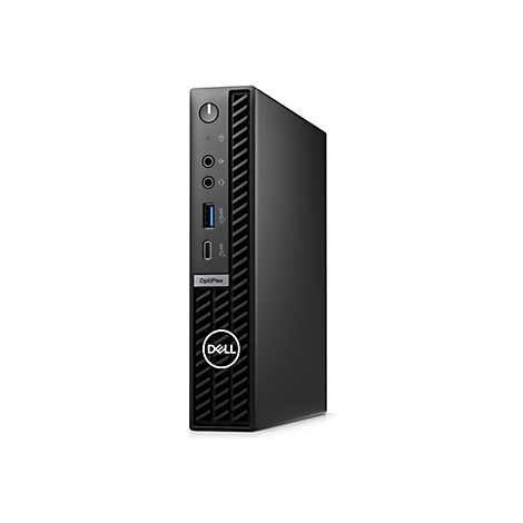 Mini-PC Dell OptiPlex noir, debout. Façade : logo, ports, bouton d'alimentation.