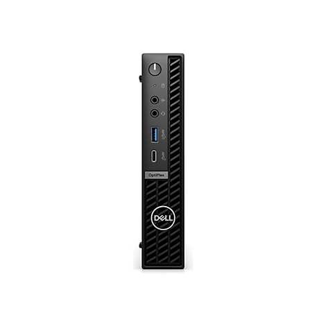 Mini-PC Dell OptiPlex noir, vue de face verticale. En haut : bouton d'alimentation, ports, logo.