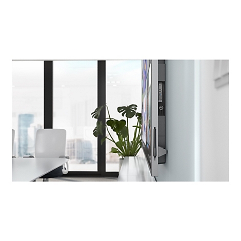 Grand Ã©cran sur un mur blanc. Ã€ gauche une table, des chaises. FenÃªtres en arriÃ¨re-plan, plante d'intÃ©rieur.