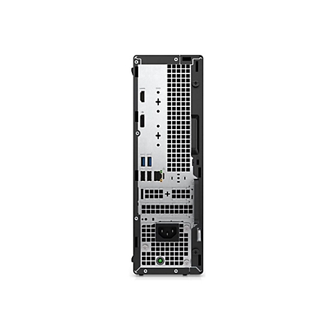 RÃ¼ckansicht eines schwarzen Desktop-PCs mit AnschlÃ¼ssen und LÃ¼ftungsschlitzen.