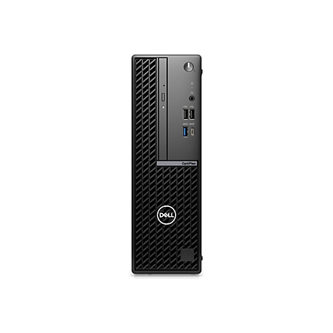 Ein schwarzer Dell OptiPlex-Desktop-Computer. Auf der Vorderseite befindet sich das Dell-Logo.