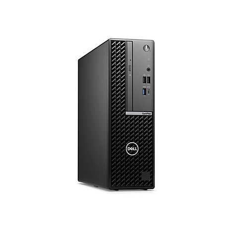 Schwarzer Dell OptiPlex Desktop-PC. Auf der Vorderseite befinden sich das Dell-Logo und verschiedene AnschlÃ¼sse.