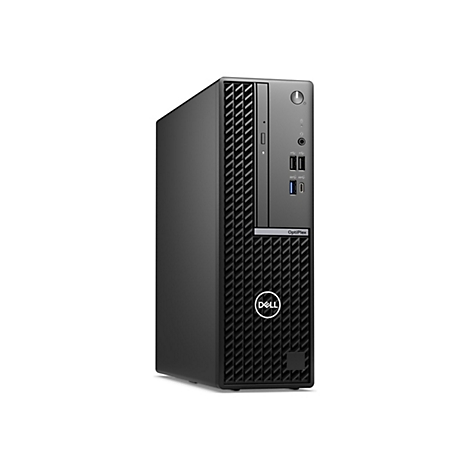 Schwarzer Dell OptiPlex-Desktop-PC vor weißem Hintergrund. Auf der Vorderseite befinden sich mehrere Anschlüsse und das OptiPlex-Logo.