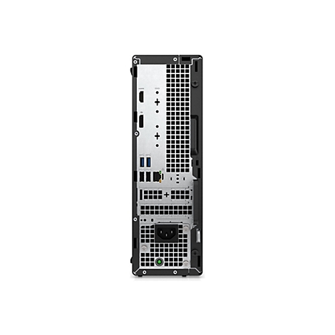 Rückansicht eines schwarzen Desktop-Computers mit verschiedenen Anschlüssen und Lüftungsschlitzen auf weißem Hintergrund.