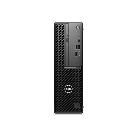 Schwarzer Dell OptiPlex PC-Tower mit verschiedenen Anschlüssen und dem Dell Logo. Auf weißem Hintergrund.