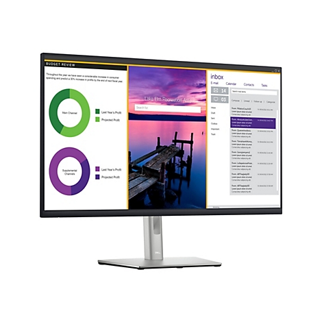 Ein Computermonitor mit Budget-Informationen und einer E-Mail-Inbox-Anzeige. Auf dem Bildschirm sind Tortendiagramme und eine Landschaft mit See zu sehen.