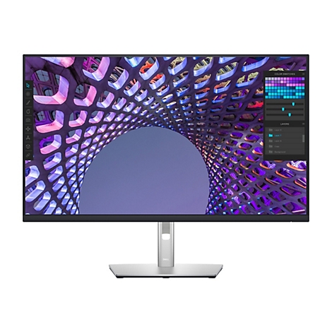 Un moniteur Dell affichant un design futuriste coloré sur son écran. Outil de conception avec options de calques et de palettes de couleurs ouvert.