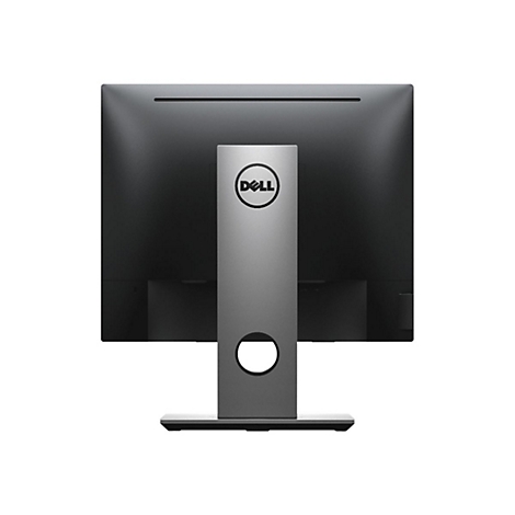 Rückseite eines schwarzen Dell Monitors mit silbernem Fuß. Das Dell Logo ist mittig angebracht.