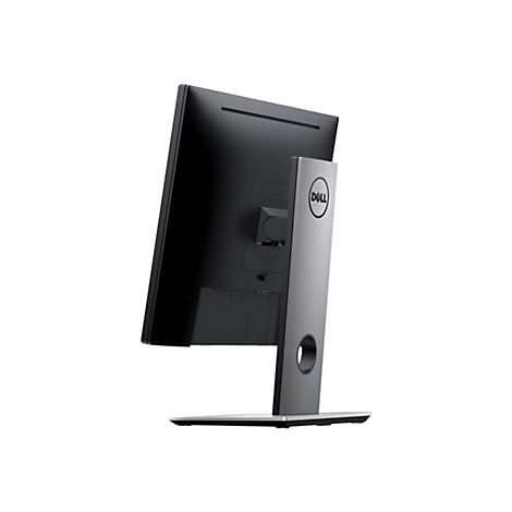 Der Monitor zeigt die Rückseite, ein dunkler Bildschirm und ein silberner Ständer mit Dell-Logo. Der Ständer hat ein Loch.