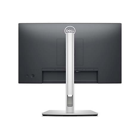 Rückseite eines schwarzen Dell-Monitors, der von einem silberfarbenen Ständer gehalten wird. Das Dell-Logo ist oben zentriert.