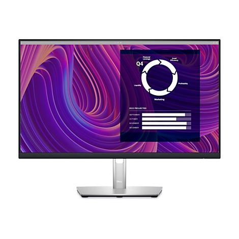 Dell-Monitor zeigt Finanzdiagramm für Q4. Hintergrund in Pink- und Lilatönen.