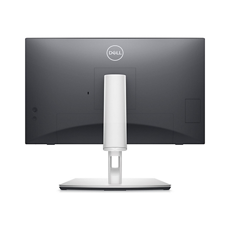 Vue arrière d'un moniteur noir avec un support blanc. Le logo Dell est placé au milieu.