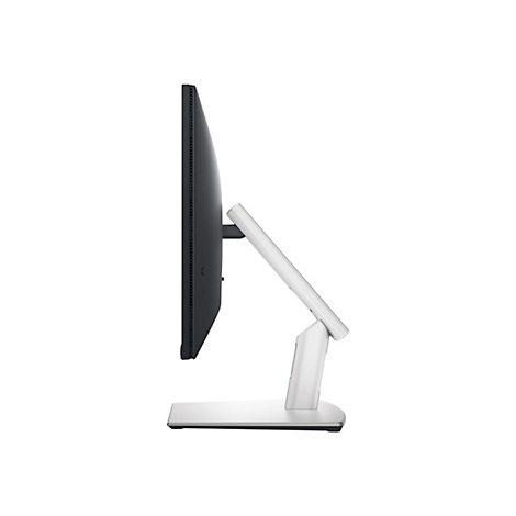 Seitenansicht eines schwarzen Monitors mit weißem Standfuß. Der Monitor hat schmale Ränder und eine glatte Oberfläche. Der Standfuß hat einen modernen, minimalistischen Stil.