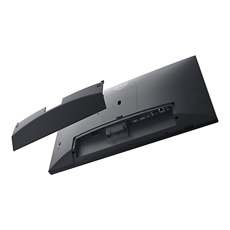 Rückseite eines schwarzen Dell Monitors. Abnehmbare Abdeckung links, darunter Anschlüsse. Dell Logo.