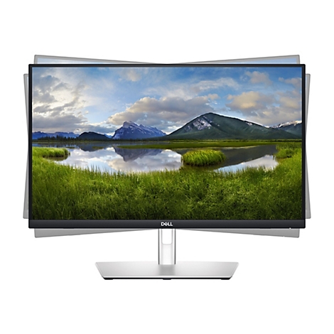Ein Dell Monitor mit einem Naturhintergrund, der um eine horizontale Achse geneigt ist. Auf dem Monitor ist eine Landschaft mit Bergen, Wasser und Gras zu sehen.
