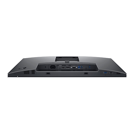 Rückseite eines schwarzen Monitors mit Anschlüssen, u.a. für Strom, HDMI und USB. Der Monitor ist vor weißem Hintergrund abgebildet.