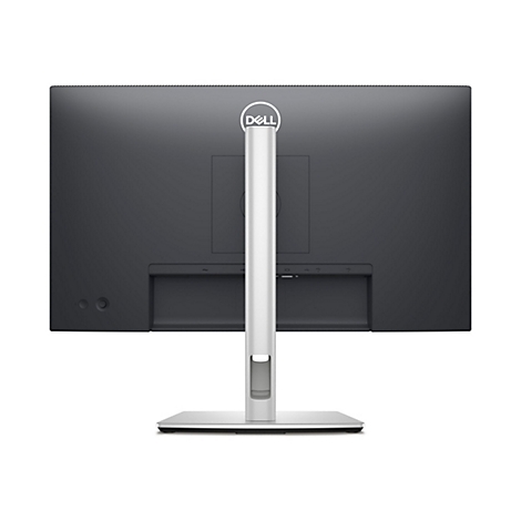Rückseite eines schwarzen Dell-Monitors, der von einem silbernen Ständer gehalten wird. Das Dell-Logo ist oben zentriert.