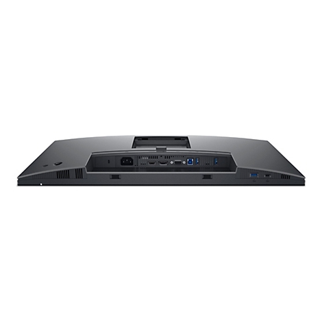 Rückseite eines schwarzen Monitors mit Anschlüssen für Strom, HDMI, USB und mehr.