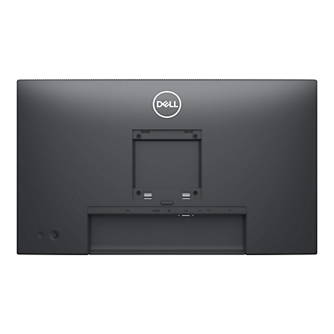 Rückseite eines schwarzen Dell Monitors. Das Dell-Logo ist mittig platziert. Anschlüsse sind unterhalb.