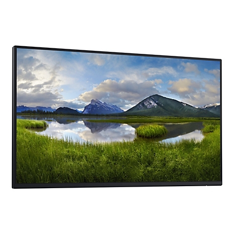 Ein rechteckiger Bildschirm zeigt eine Landschaft mit Bergen, Wasser und Gras. Der Himmel ist blau mit Wolken, die sich im Wasser spiegeln.