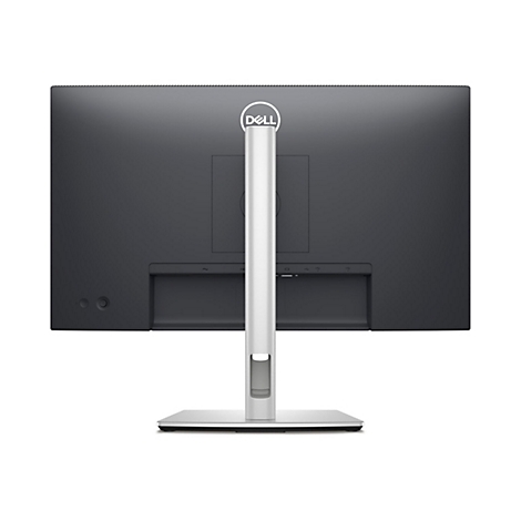 Rückansicht eines schwarzen Dell Monitors mit weißem Logo und silbernem Standfuß. Die Anschlüsse sind zu sehen.