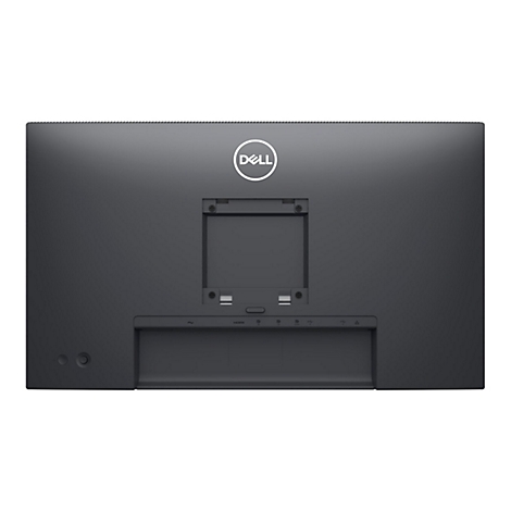 Rückseite eines schwarzen Dell Monitors. Oben mittig das Dell Logo. Anschlüsse unten.