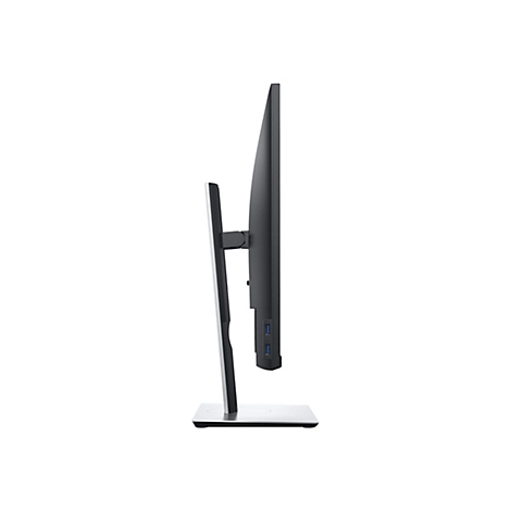 Seitenansicht eines schwarzen Monitors mit schlankem Design und silbernem StandfuÃŸ, vor weiÃŸem Hintergrund.