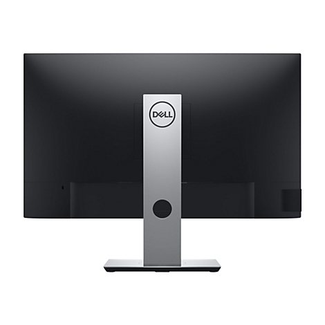 Der Dell Monitor wird von hinten gezeigt. Der Monitor hat einen schwarzen Bildschirm und einen silbernen StandfuÃŸ mit dem Dell Logo.