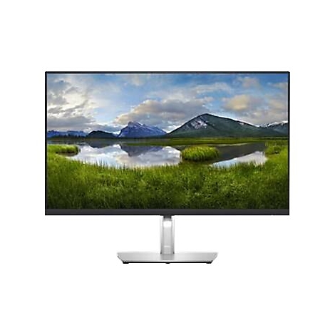 Monitor mit Landschaftsbild. Schwarzer Rahmen, silberner StandfuÃŸ. Bild zeigt See mit Bergen und bewÃ¶lktem Himmel.