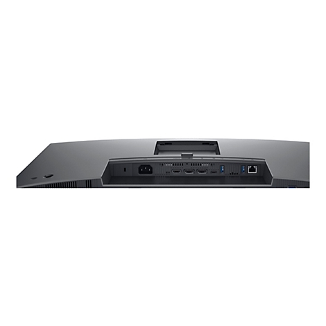 Rückseite eines grauen Monitors mit Anschlüssen für Strom, HDMI, USB und Ethernet.