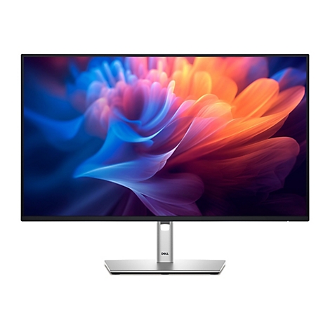 Ein Dell-Monitor vor weißem Hintergrund. Der Bildschirm zeigt ein abstraktes, farbenfrohes Design. Der Monitor hat einen silberfarbenen Fuß.